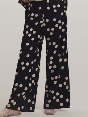 Maeve Brown Wide-Leg Polka Dot Pants with Cream Dots